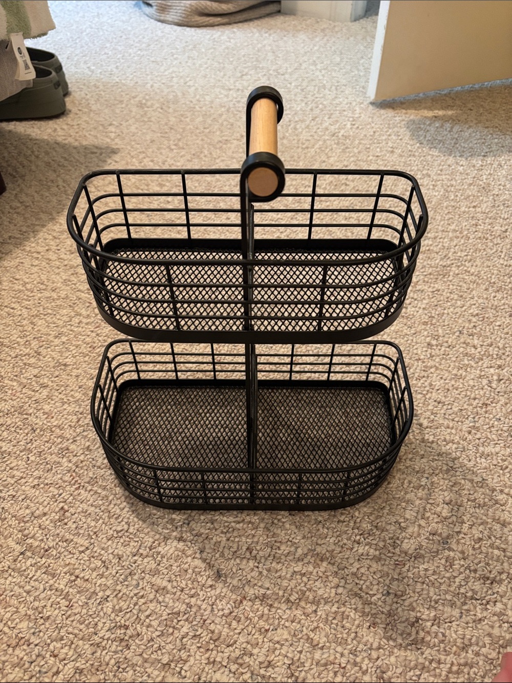 Threshold Black Two-Tier Metal Caddy with Wood Handle